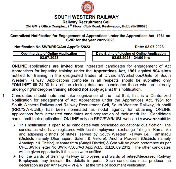 Railway RRC SWR Apprentice Recruitment 2023