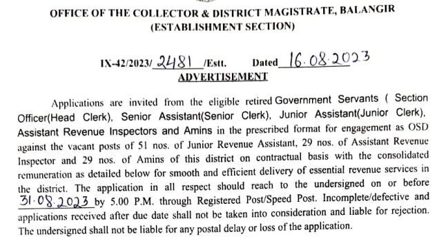 Balangir ARI & Amin Recruitment 2023 : Apply Now For Ddistrict Level Job Vacancy 2023