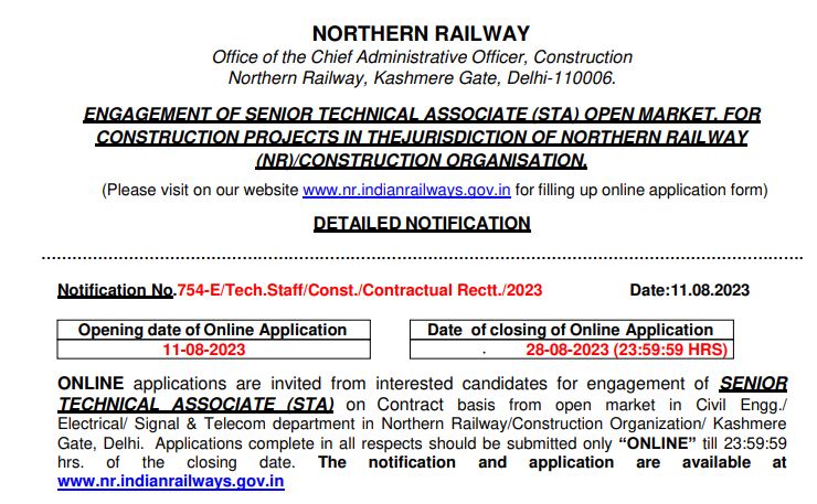 Northern Railway Recruitment 2023 : Opportunities for Senior Technical Positions Apply Now